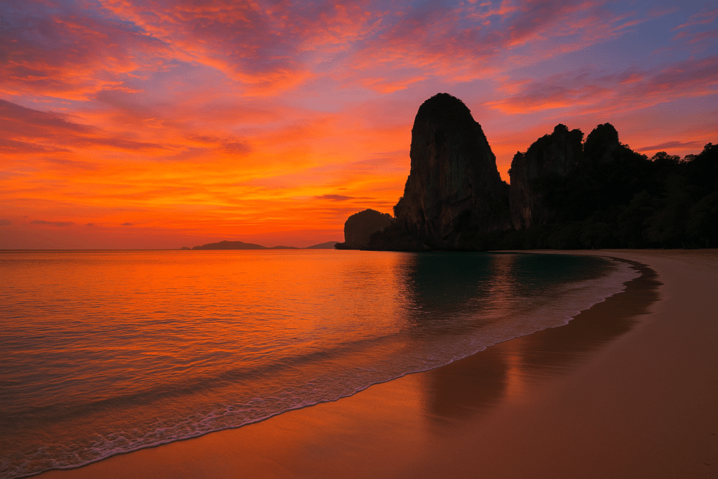 Sunset at Railay Beach, Krabi, Thailand Sunset at Railay Beach with limestone cliffs in Krabi, Thailand