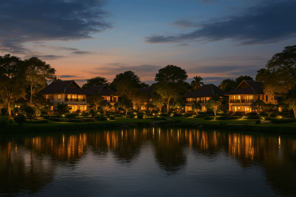 Luxury resorts along Mae Ping river at twilight in Chiang Mai