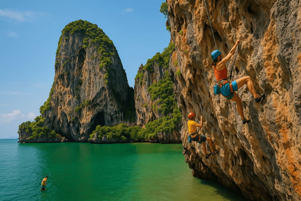 Rock Climbing at Railay Beach Climbers on limestone cliffs at Railay Beach, Krabi