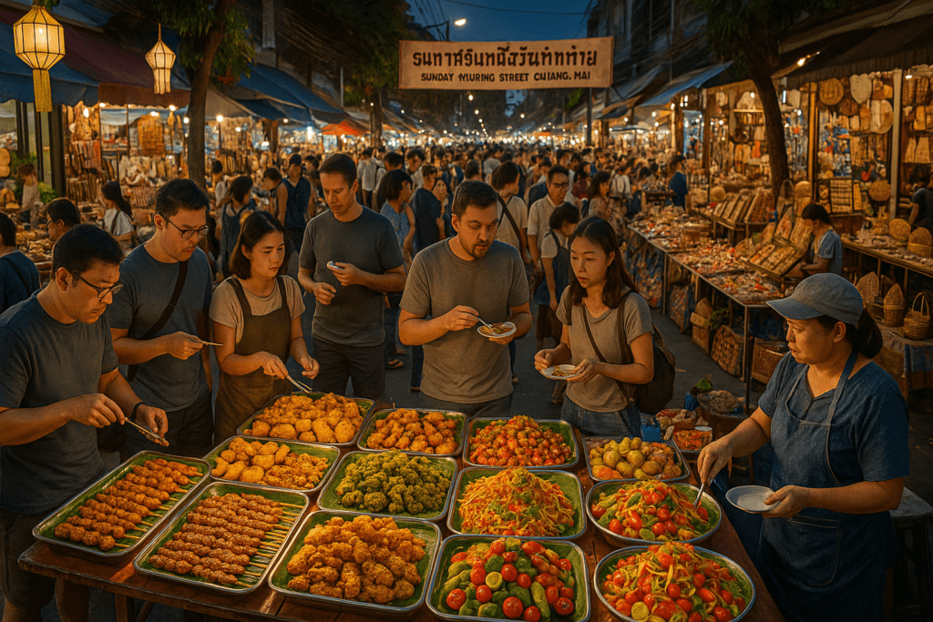 Lively scene of Sunday Walking Street in Chiang Mai, showcasing food stalls and culture