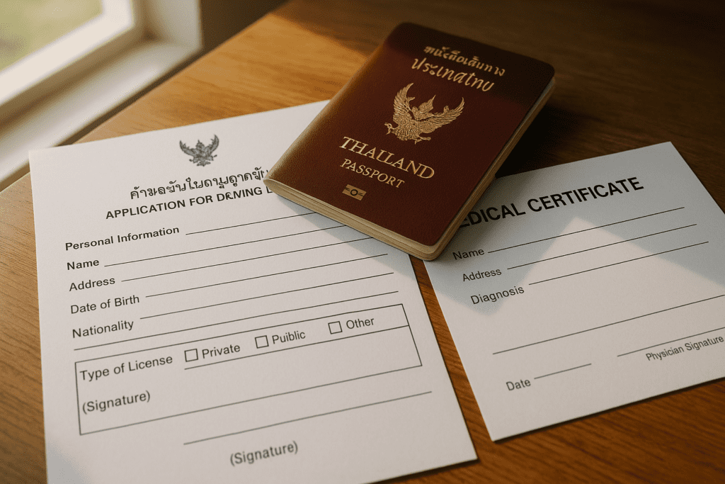 Essential documents for obtaining a Thai driving license including passport and medical certificate.