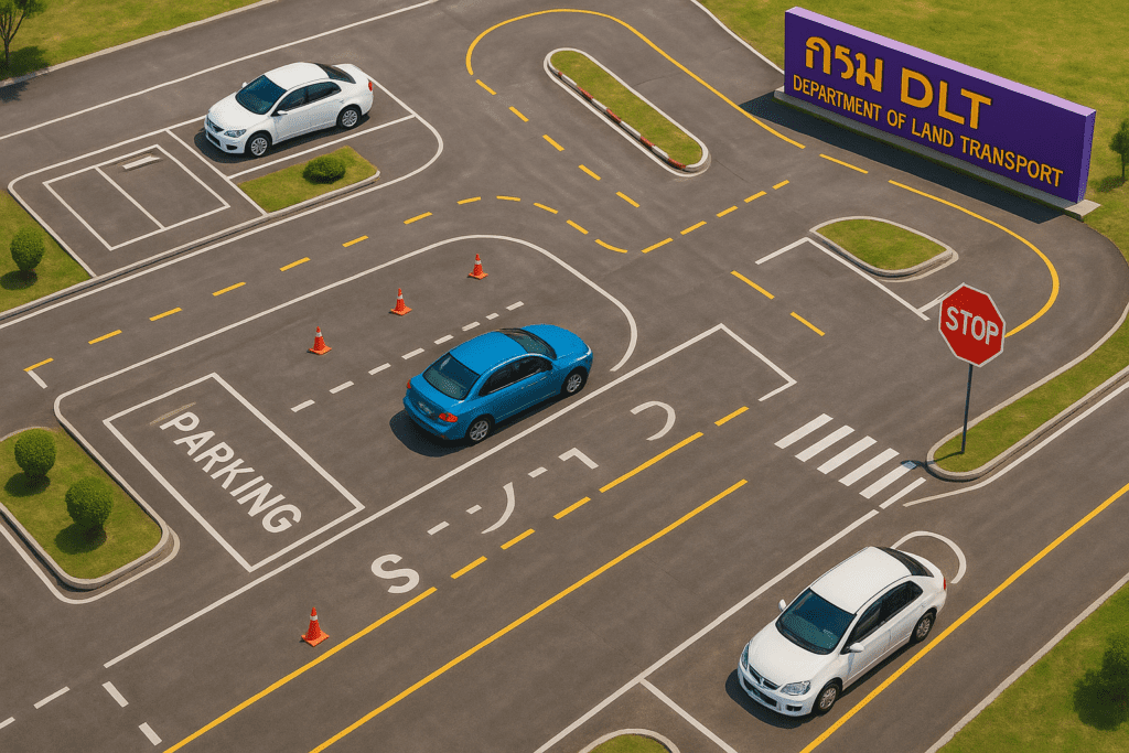 Aerial view of driving test course in Thailand showing practical scenarios.