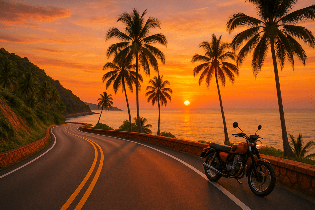 Winding coastal road in Thailand during sunset with a motorbike.