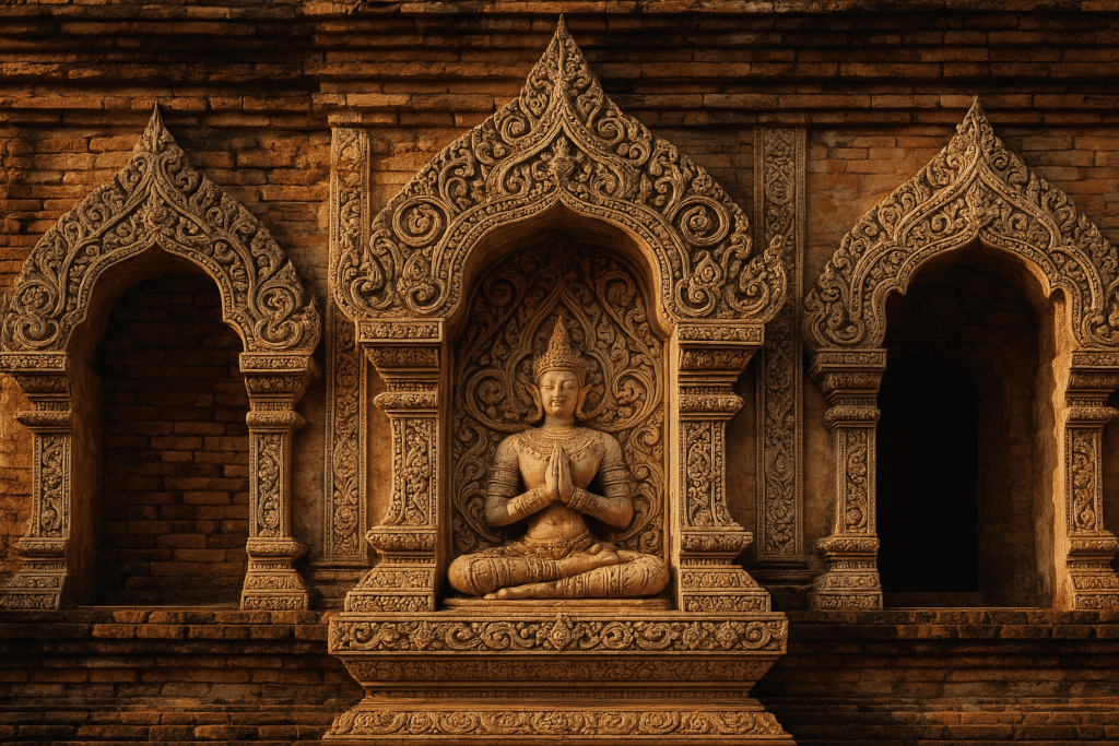 Architectural Details of Wat Chedi Luang Intricate Lanna-style carvings of Wat Chedi Luang in Chiang Mai