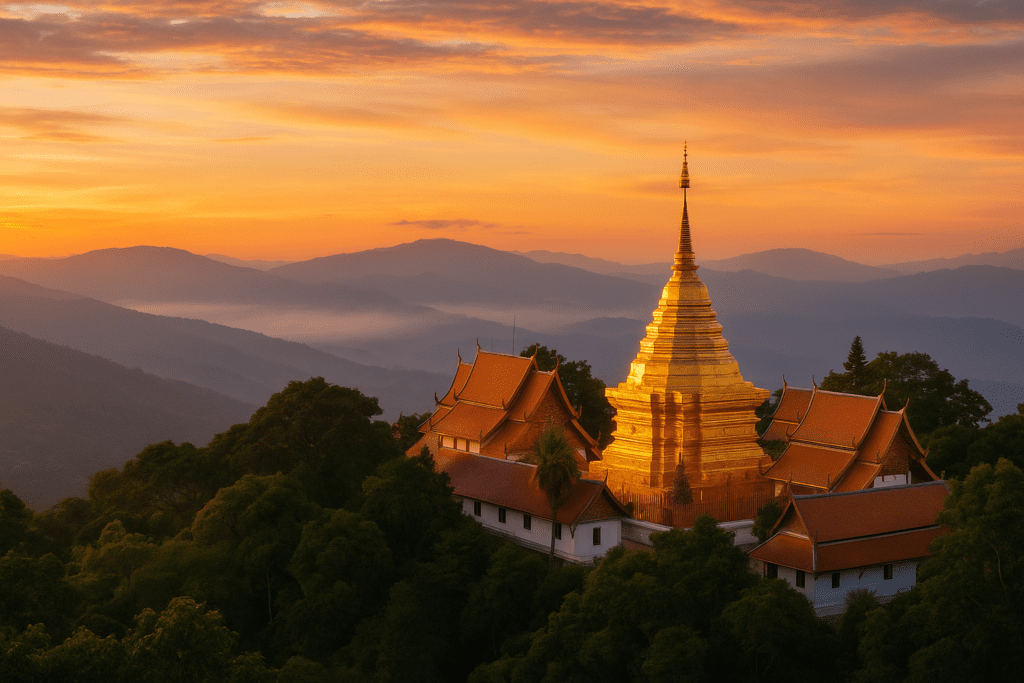 Wat Phra That Doi Suthep at Sunset Golden hour view of Wat Phra That Doi Suthep temple in Chiang Mai