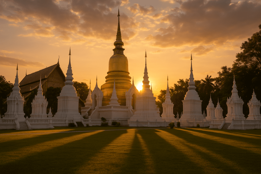 Sunset at Wat Suan Dok Sunset view of the white chedis at Wat Suan Dok in Chiang Mai