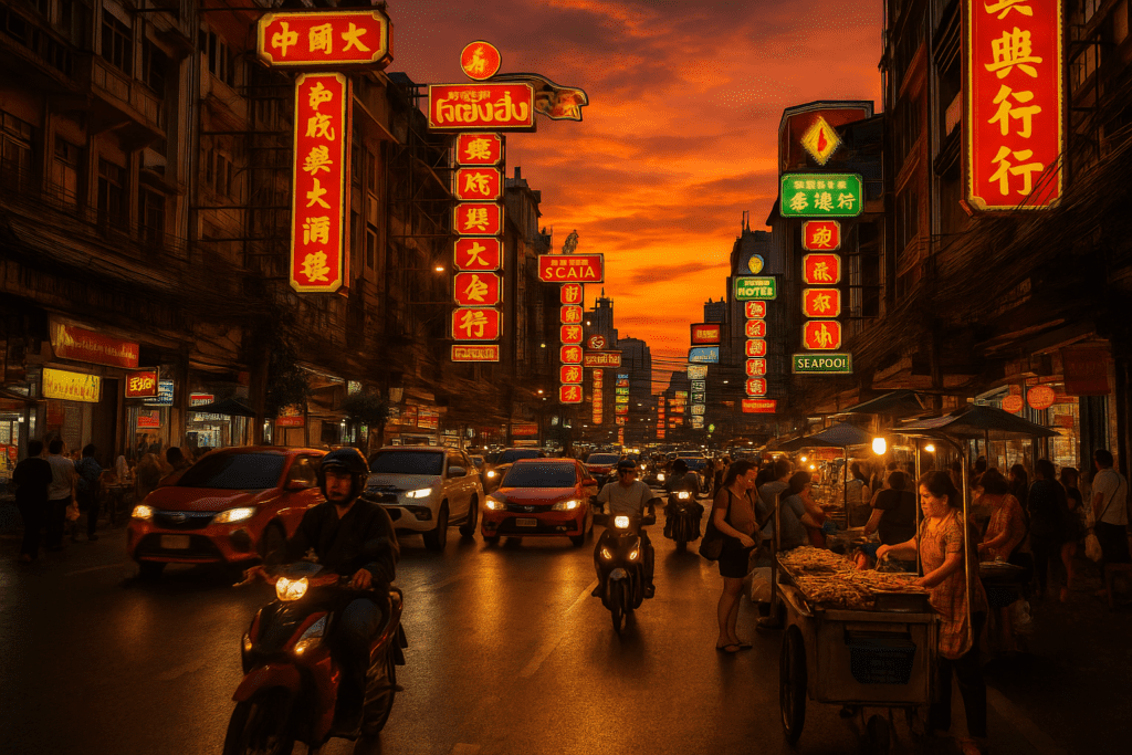 Bangkok Sunset Streets: Motorbiking Adventure Vibrant sunset view of Bangkok streets filled with scooters and street vendors