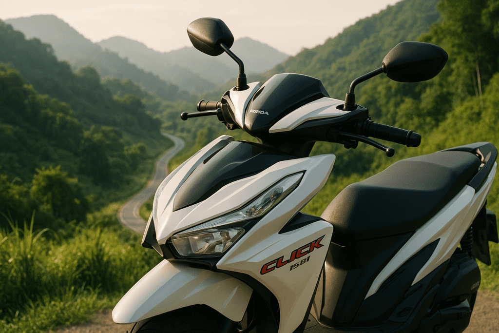 Choosing the Best Motorbike in Thailand Honda Click 125i scooter parked with mountains in the background