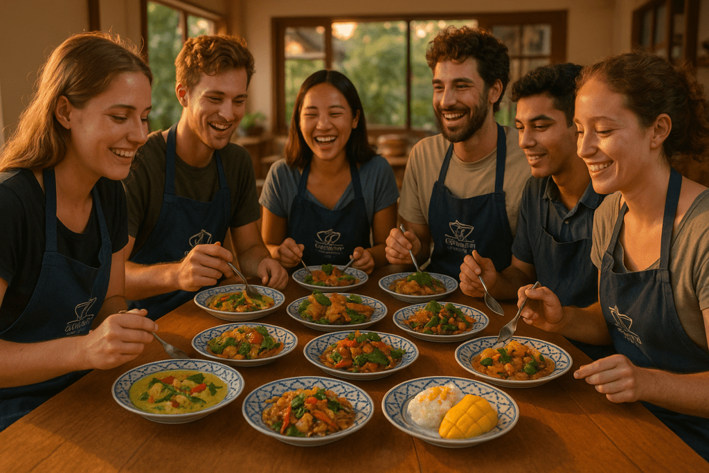 Enjoying Thai Cuisine - Cooking Class Experience Students enjoying their homemade Thai feast at a cooking class in Chiang Mai