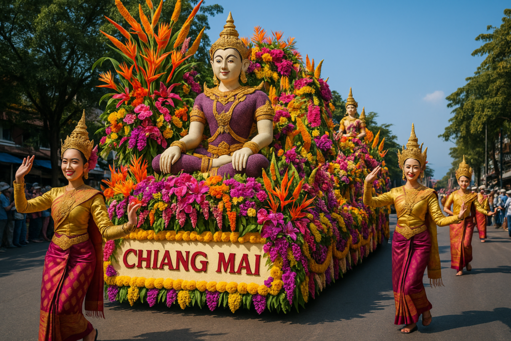 Chiang Mai Flower Festival parade with vibrant flower floats and dancers