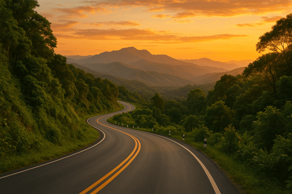 Winding mountain road in Chiang Mai, Thailand at sunset