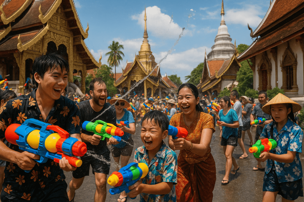Songkran water festival in Chiang Mai with people celebrating and splashing water