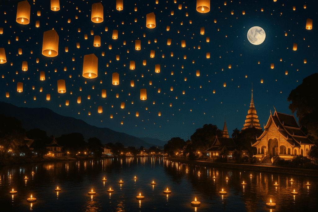 Chiang Mai Yi Peng festival night sky filled with glowing lanterns and candles