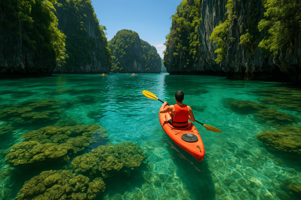 Exploring Hong Lagoon while kayaking in Krabi with vibrant waters.