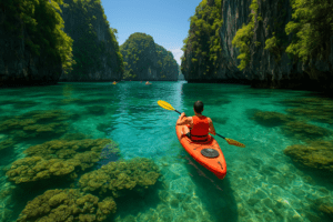 Exploring Hong Lagoon while kayaking in Krabi with vibrant waters.