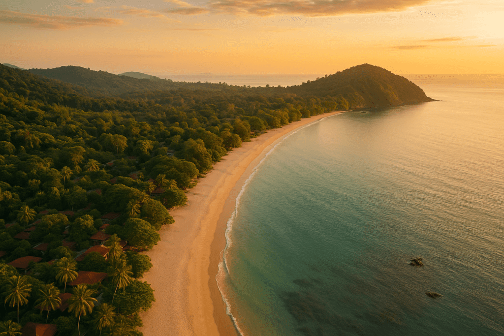 Aerial golden hour view of Koh Lanta's lush beaches and scenic landscape