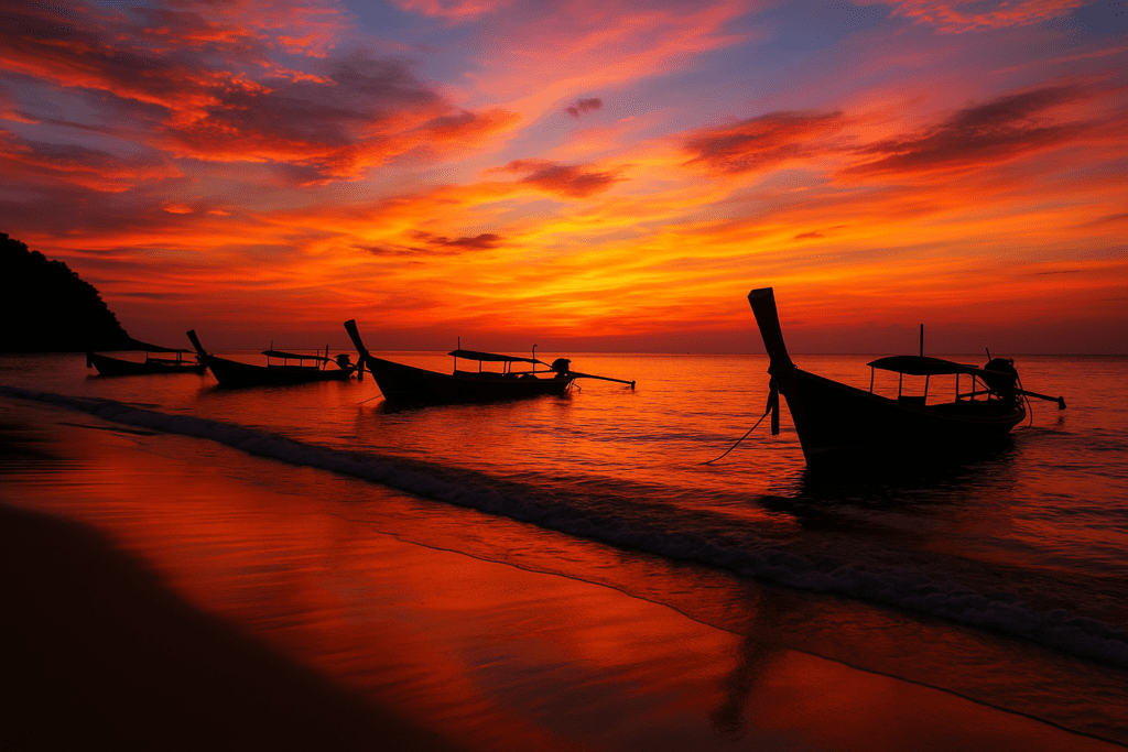Stunning sunset at Koh Lanta beach with traditional long-tail boats and colorful skies