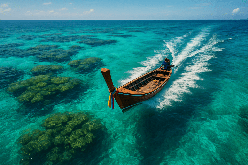 Traditional long-tail boat on Koh Lanta's turquoise waters with coral reefs