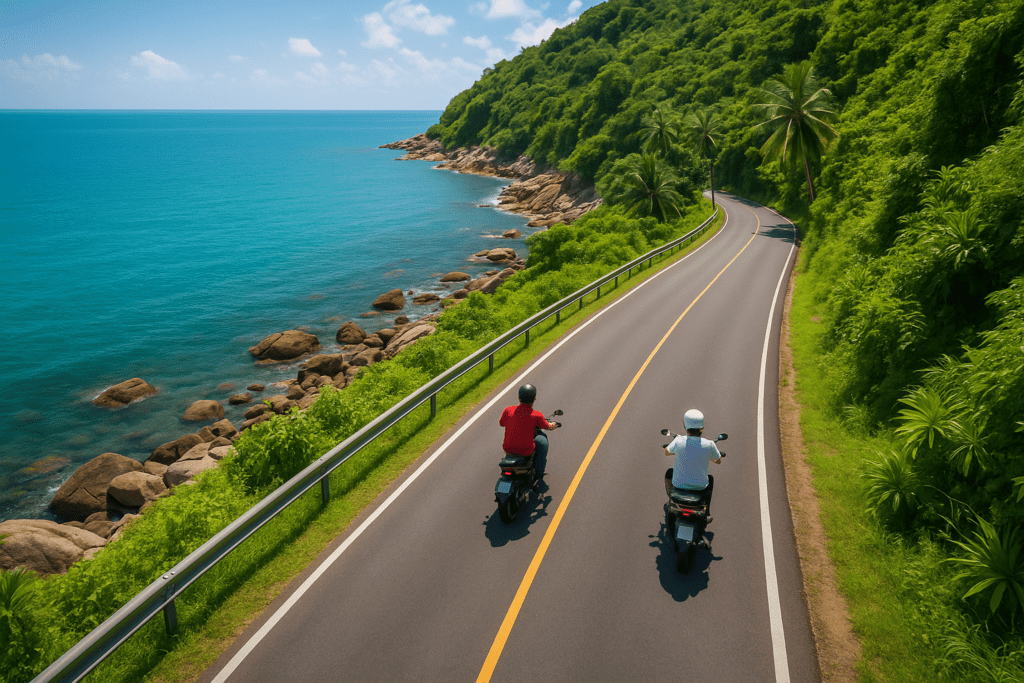Scenic Coastal Routes in Koh Samui Coastal road in Koh Samui with motorbikes navigating the route
