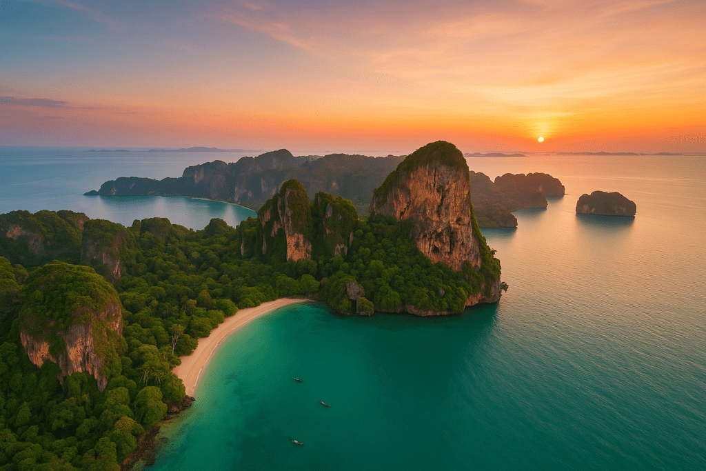Aerial sunset view of Krabi's limestone cliffs and turquoise waters