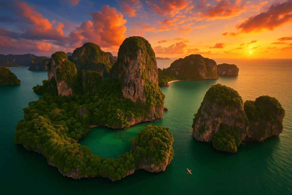Aerial view of Krabi's limestone cliffs and lagoons during sunset.