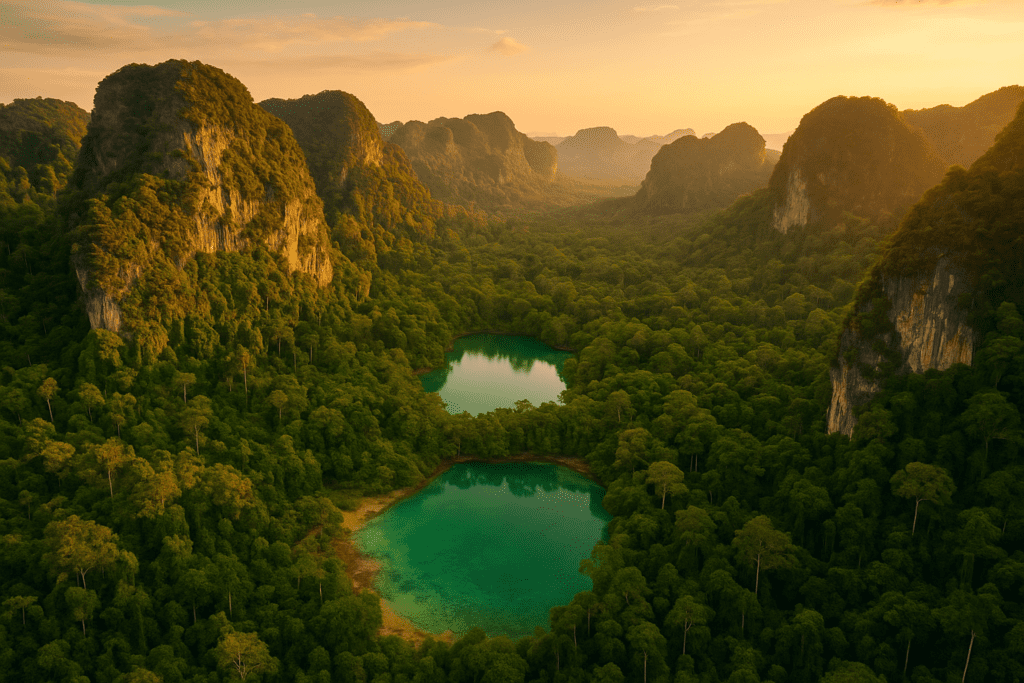 Aerial view of Krabi's lush landscape with emerald pools and cliffs