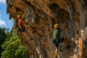 Climbers on a limestone wall at Railay showcasing the iconic rock formations