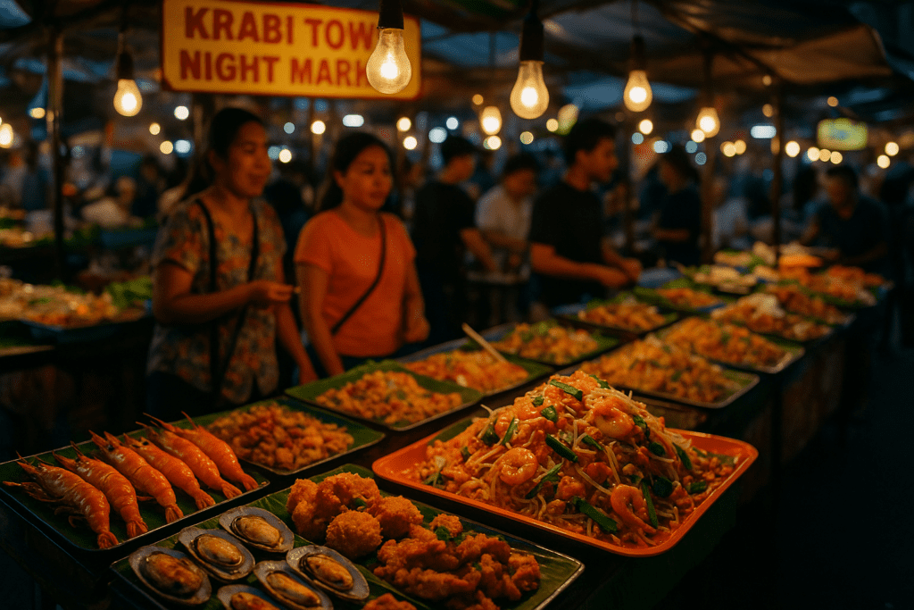 Colorful food stalls at Krabi Town Night Market with grilled seafood and locals