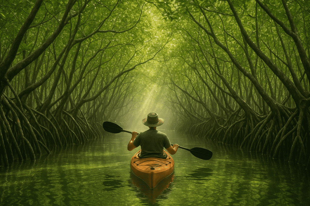 Kayaking through lush mangrove waterways in Krabi.