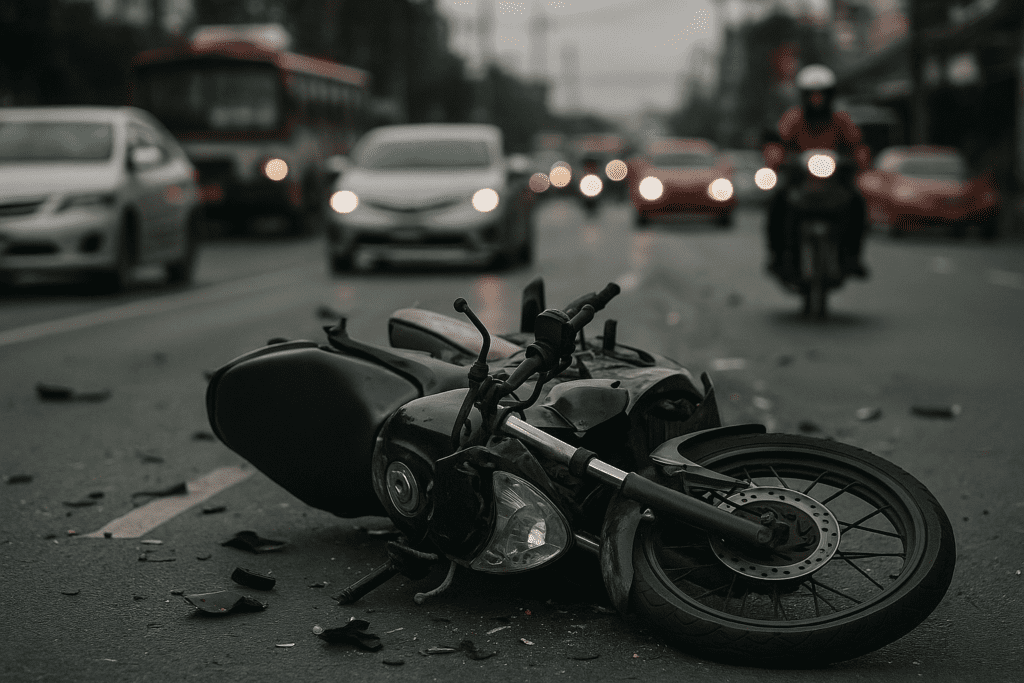 Motorbike Accident Risks in Thailand Motorbike accident on a busy Thai road highlighting safety risks