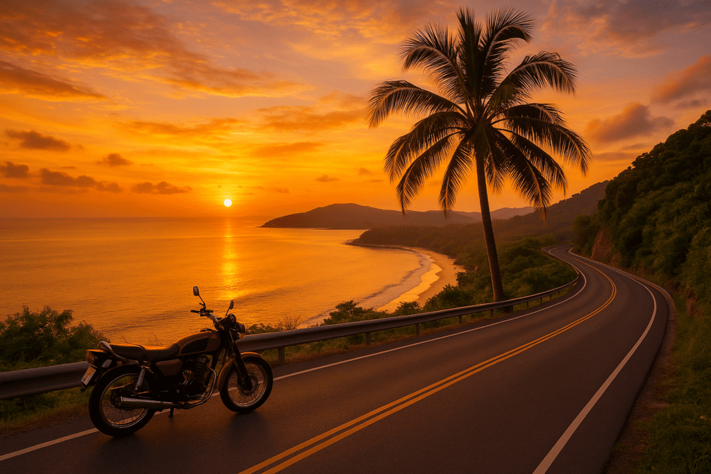 Stunning sunset coastal road in Thailand with a parked motorbike