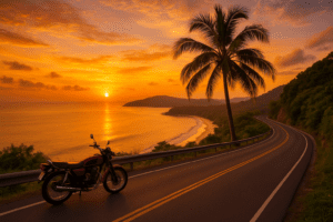 Stunning sunset coastal road in Thailand with a parked motorbike