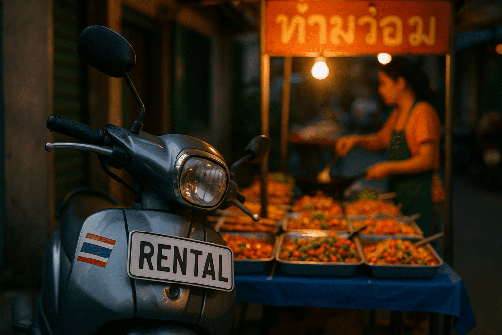 Local food stall with a rental motorbike in Thailand