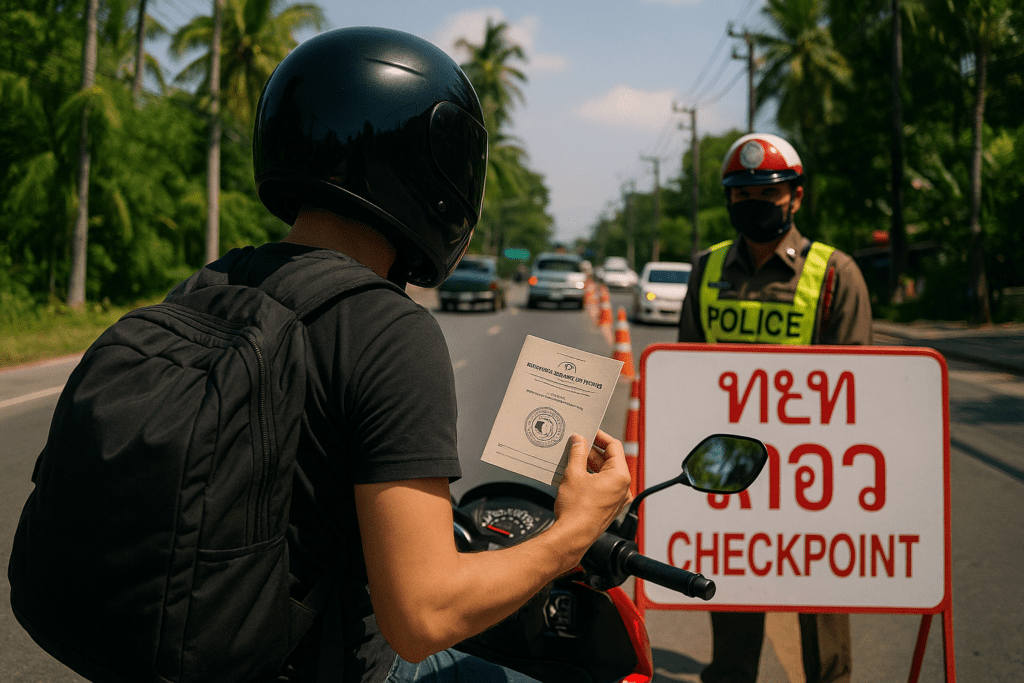 Motorbike police checkpoint in Thailand with a rider