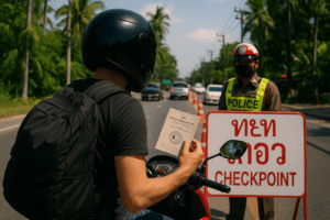 Motorbike police checkpoint in Thailand with a rider