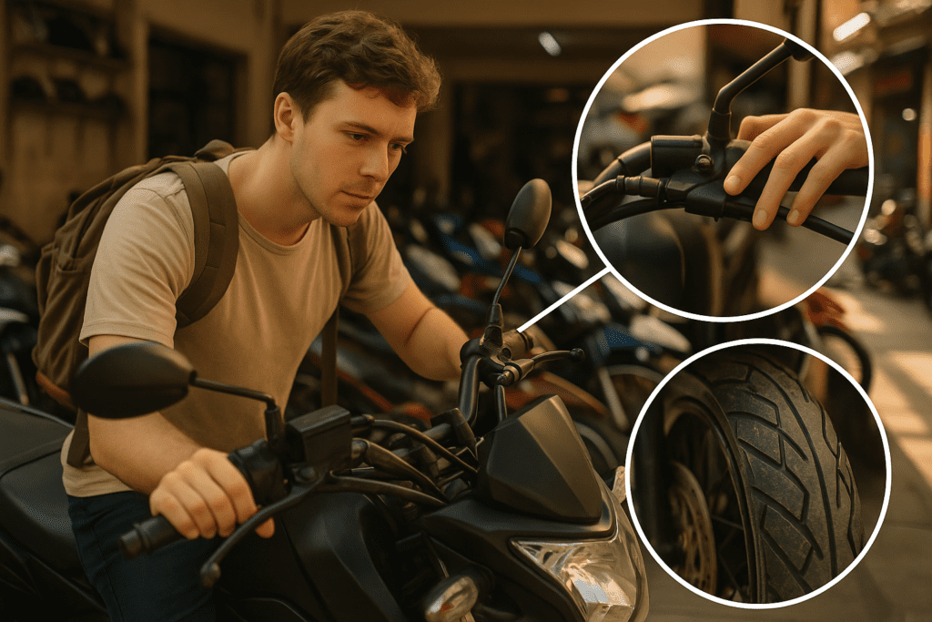Motorbike Rental Inspection Tips in Thailand Traveler inspecting a motorbike at a rental shop in Thailand