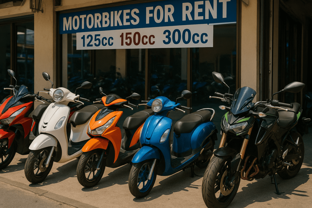 Motorbikes for rent outside a shop in Thailand