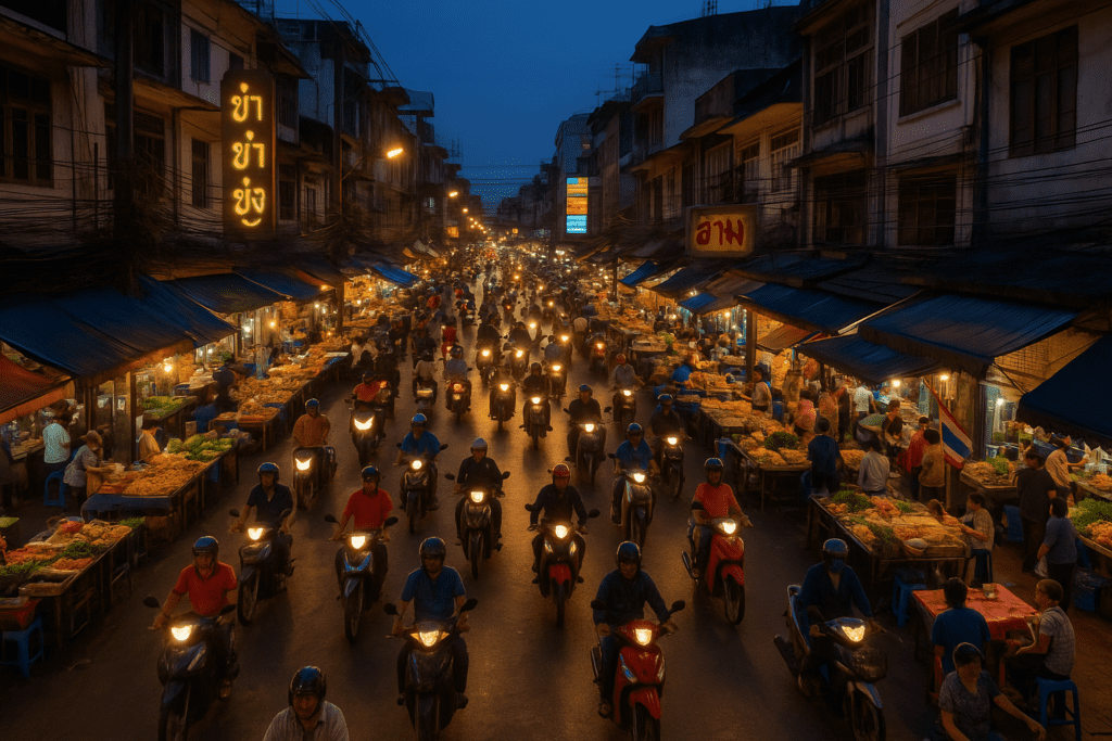 Aerial view of motorbikes in busy Thai street market