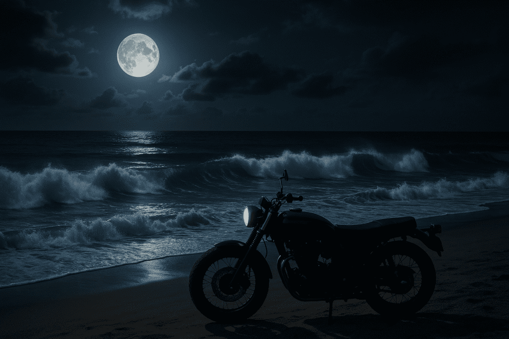 Nighttime Motorbike Adventure Thailand Nighttime beach adventure on a motorbike in Thailand