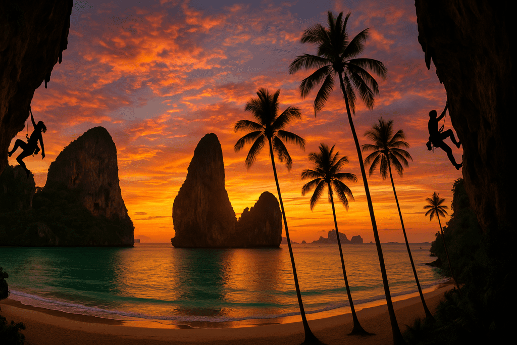 Golden hour view of Railay Beach's limestone cliffs and turquoise waters