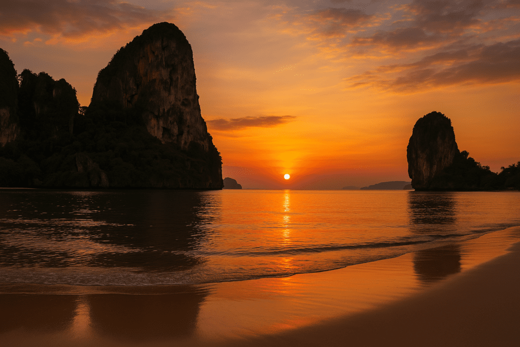 Sunset view of Railay Beach with limestone cliffs in Krabi, Thailand