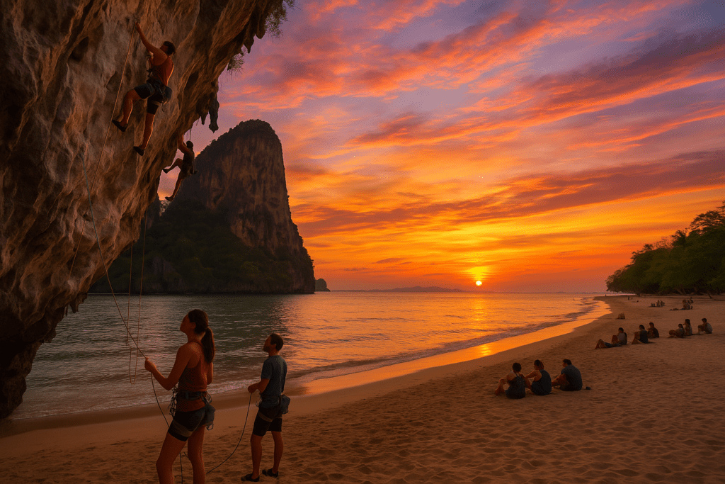 Sunset at Railay West with climbers enjoying the scenic view