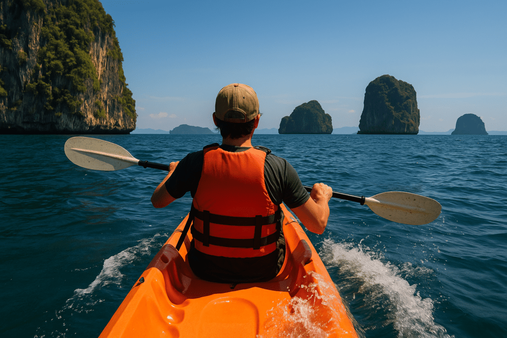 Sea kayaking in Krabi near rocky karst islands on a sunny day.
