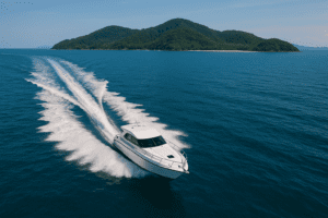 Speedboat en route to Koh Lanta from Ao Nang amidst vibrant blue waters
