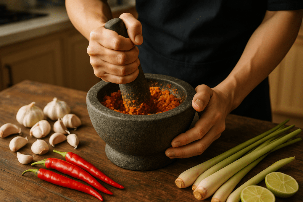 Traditional Thai Cooking Techniques - Hands-On Experience Hands grinding curry paste in a traditional mortar and pestle in Chiang Mai