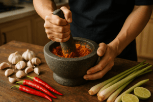 Hands grinding curry paste in a traditional mortar and pestle in Chiang Mai