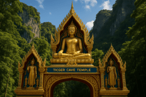 Close-up of ornate Buddha statues at Tiger Cave Temple in Krabi