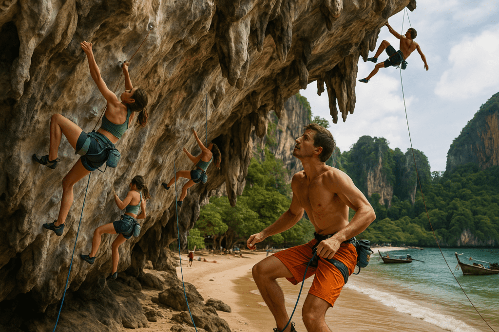 Climbers at Tonsai Beach displaying their skills on challenging routes