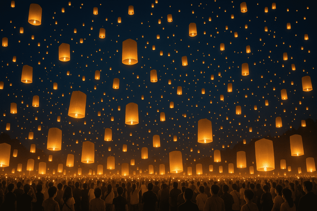 Aerial view of Yi Peng Lantern Festival showing thousands of released lanterns