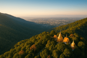 Aerial view of Chiang Mai with golden temples and lush mountains during the cool season